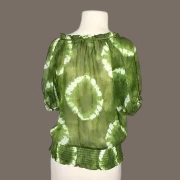 EUC Michael Michael Kors Sheer Tie-Dye Pullover Blouse Short Sleeve Green White - Picture 4 of 4